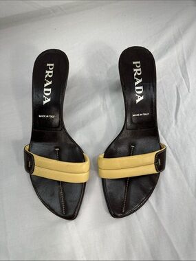 Vintage Prada Leather Mules Kitten Heel Sz 36 US 6 Brown/Tan Slip On Sandals